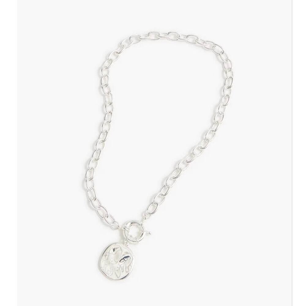 J. Crew Hammered Pendant Chain Necklace Silver Tone Round Medallion BY619 NWT
